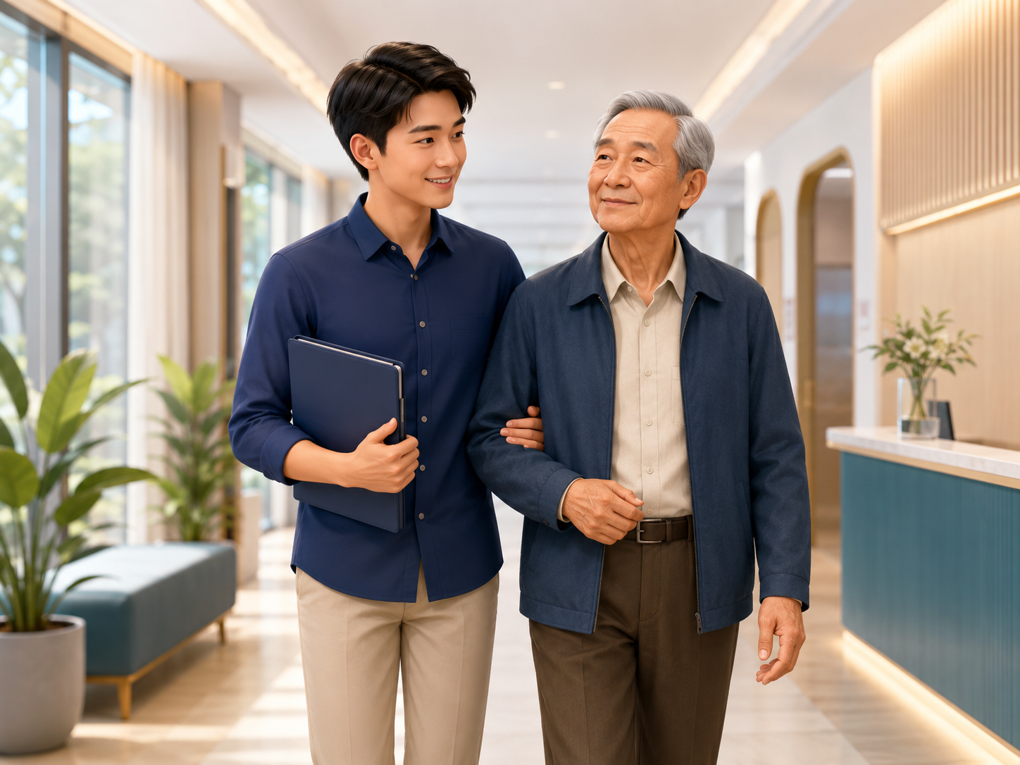 Nhân viên trẻ đồng hành cùng người lớn tuổi tại trung tâm dịch vụ