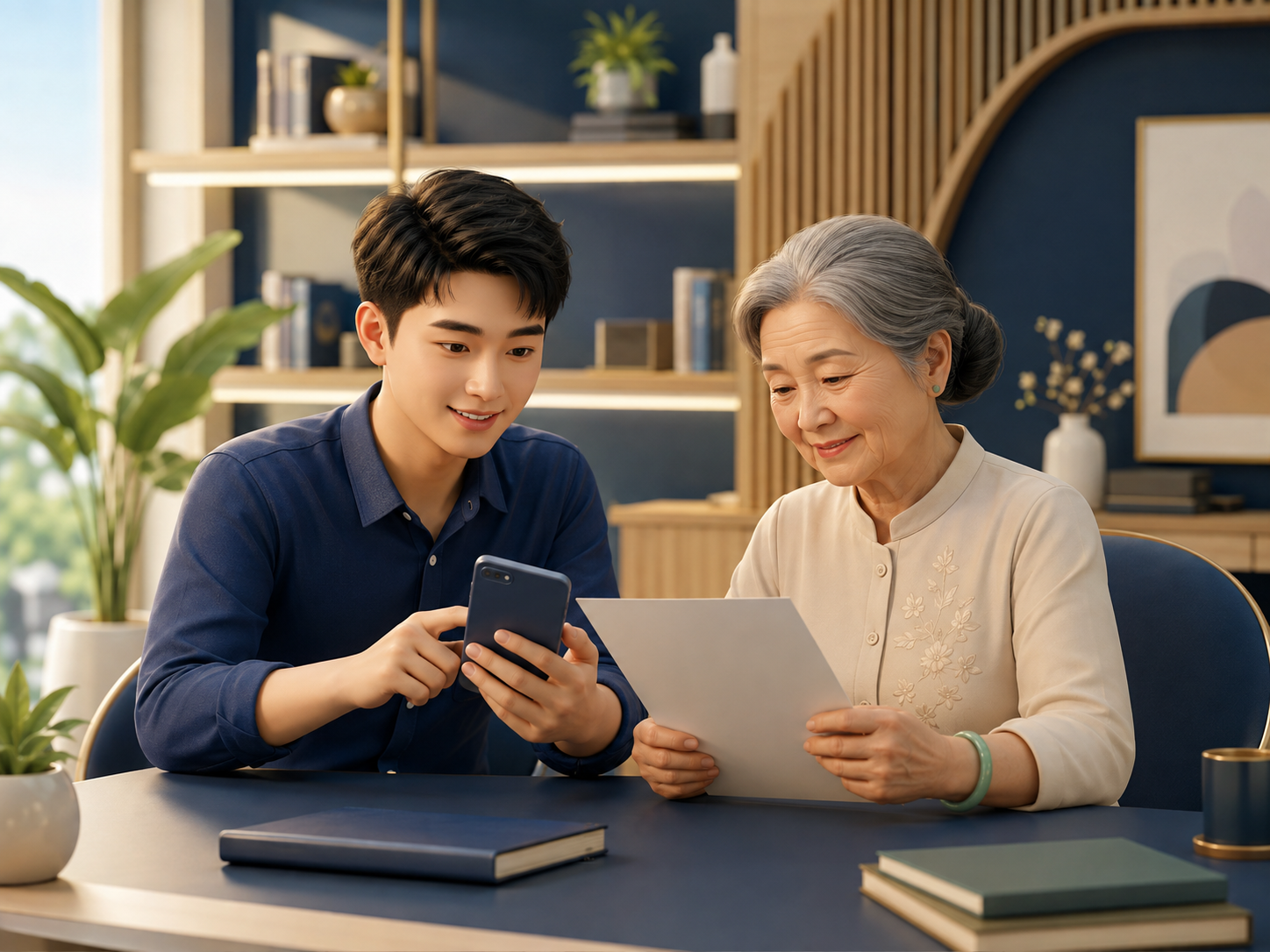 Nhân viên Thành Đô hướng dẫn người lớn tuổi sử dụng điện thoại và kiểm tra hồ sơ